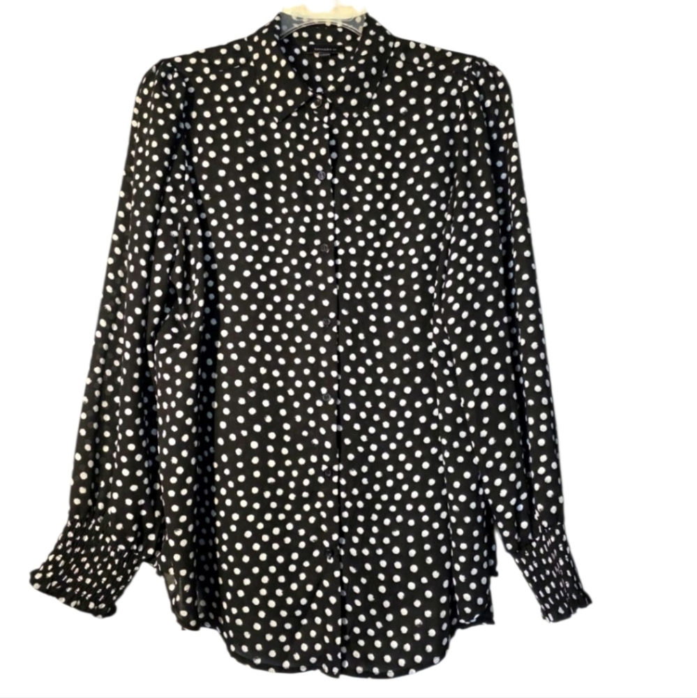Tamara H Black and White Polka Dot Women's Button Blouse 1X EUC Party Cocktail